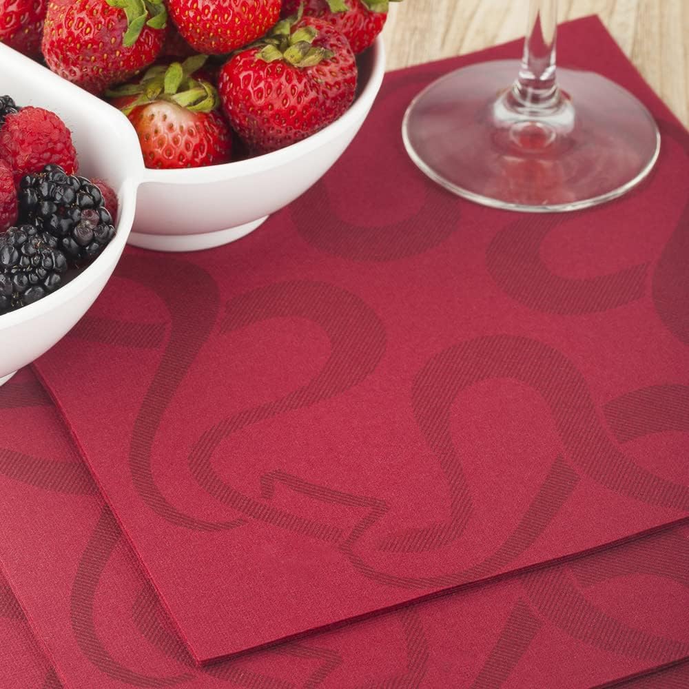 Restaurantware Luxenap 15.75 Inch Disposable Napkins 600 Soft Linen Like Napkins - Absorbent Air Laid Bordeaux With Vintage Pattern Paper Cloth Like Napkins Pre-folded For Dinner Party Guests
