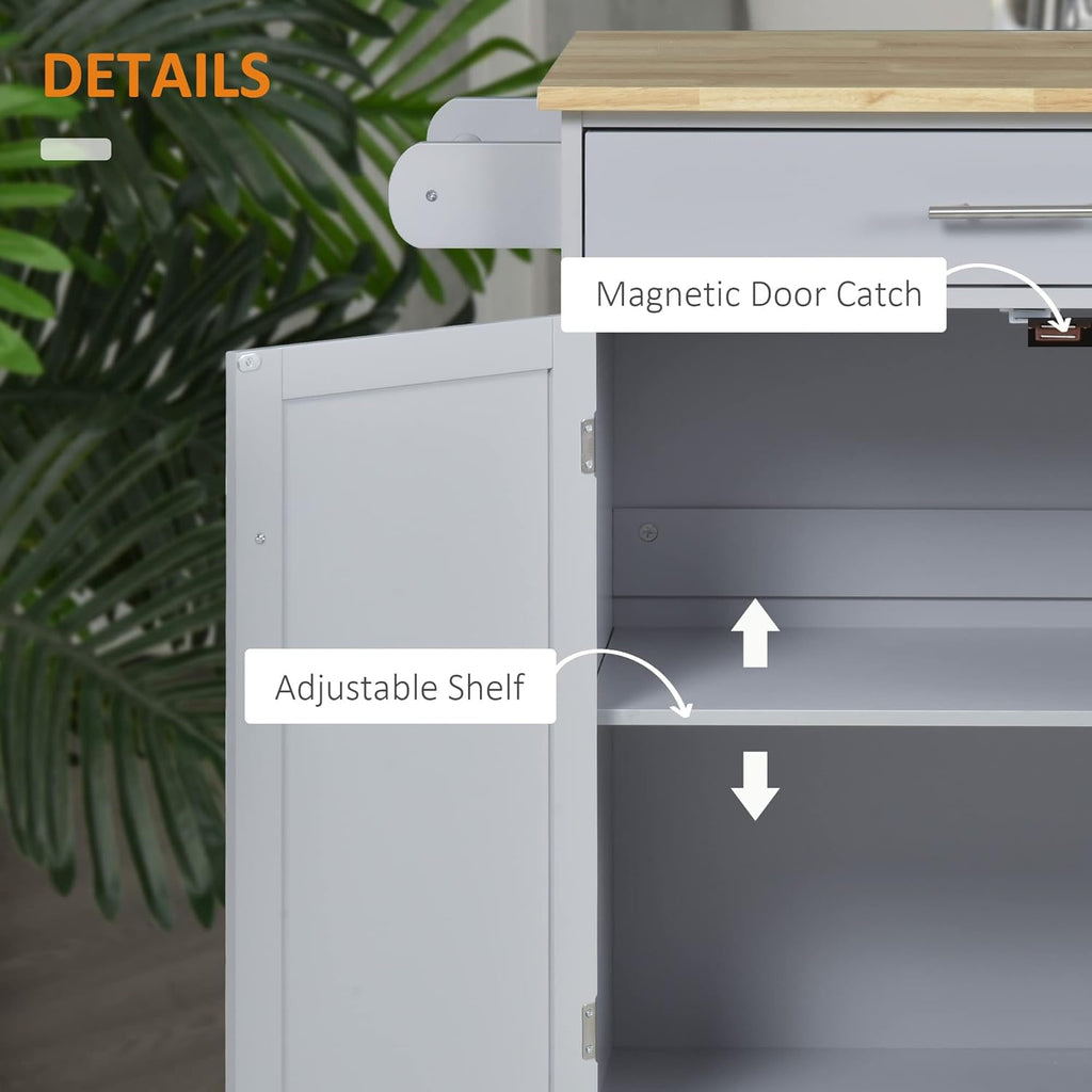 HOMCOM Kitchen Island Cart, Rolling Island Table with Solid Wood Top, Trolley Cart with Drawer, Storage Cabinet & Towel Rack, Gray