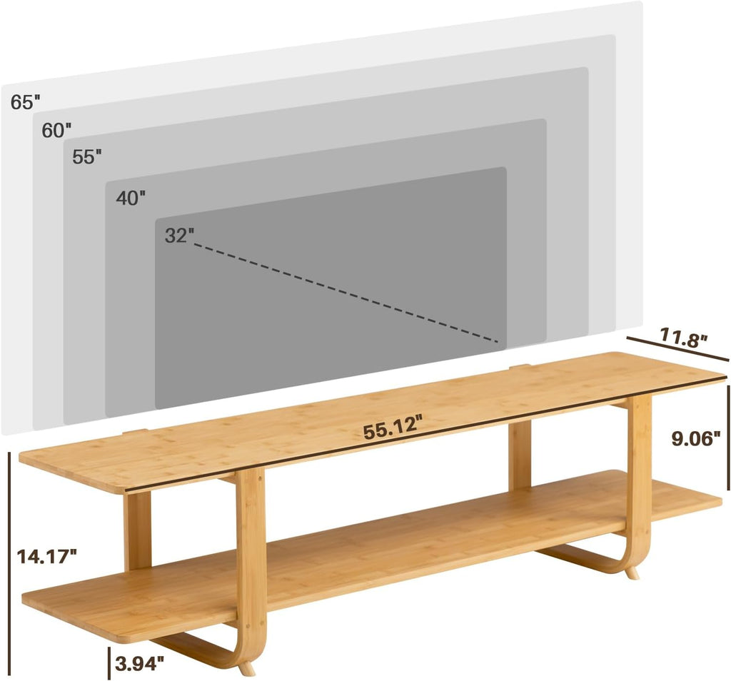 HollyHOME Bamboo TV Stand with Storage for TVs up to 65'', Modern Entertainment Center with 2 Open Shelf, Accent TV Media Console Table for Living Room, Bedroom, 55'(L), Burlywood