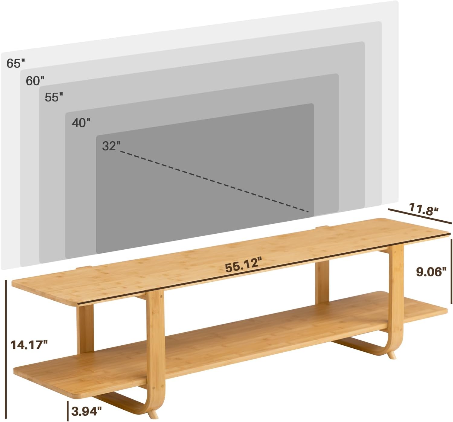 HollyHOME Bamboo TV Stand with Storage for TVs up to 65'', Modern Entertainment Center with 2 Open Shelf, Accent TV Media Console Table for Living Room, Bedroom, 55'(L), Burlywood