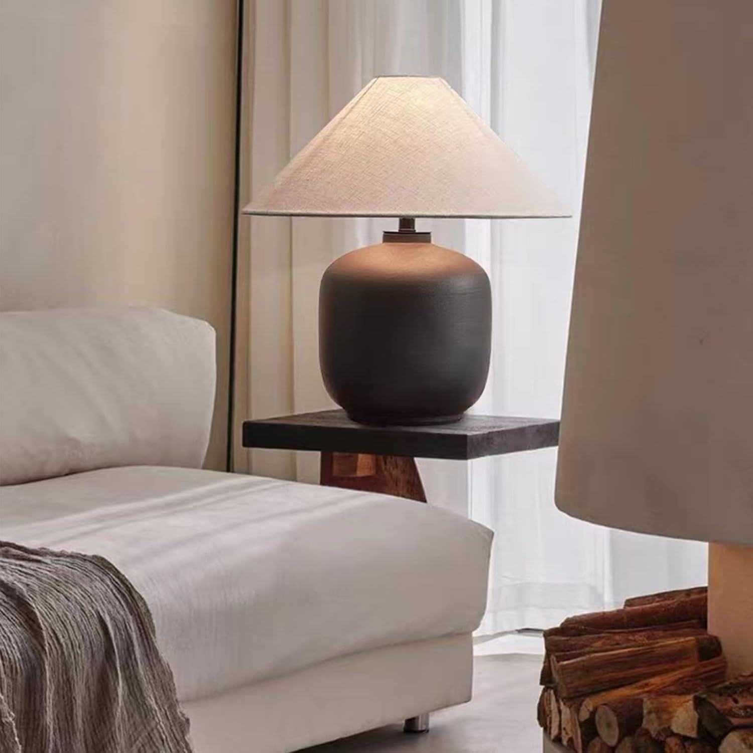PURESILKS Modern Minimalist Table Lamps, Rustic Farmhouse Ceramic Table Lamp, 16.53' Tall Desk Lamp with Off-Black Linen Drum Lampshade Decor for Living Room Bedroom Bedside Nightstand (Black)