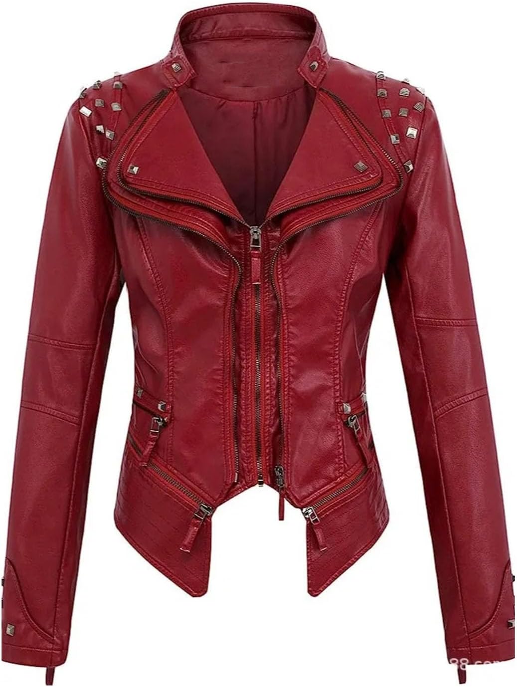 Women's Washed PU Leather Jacket With Lapel Rivets And Fitted Waist For Casual Autumn Fashion