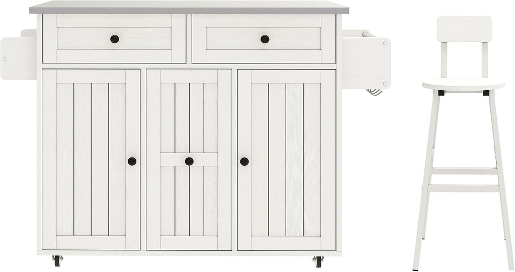 DWVO Kitchen Island with Seating, Mobile Kitchen Storage Island with Drop Leaf Countertop, Large Kitchen Island Table with Drawers, Cabinets, Bar Stools, Towel Rack and Spice Rack, White