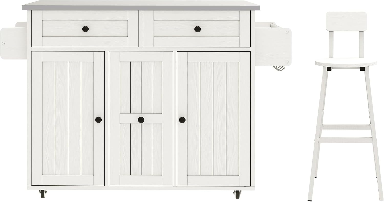 DWVO Kitchen Island with Seating, Mobile Kitchen Storage Island with Drop Leaf Countertop, Large Kitchen Island Table with Drawers, Cabinets, Bar Stools, Towel Rack and Spice Rack, White