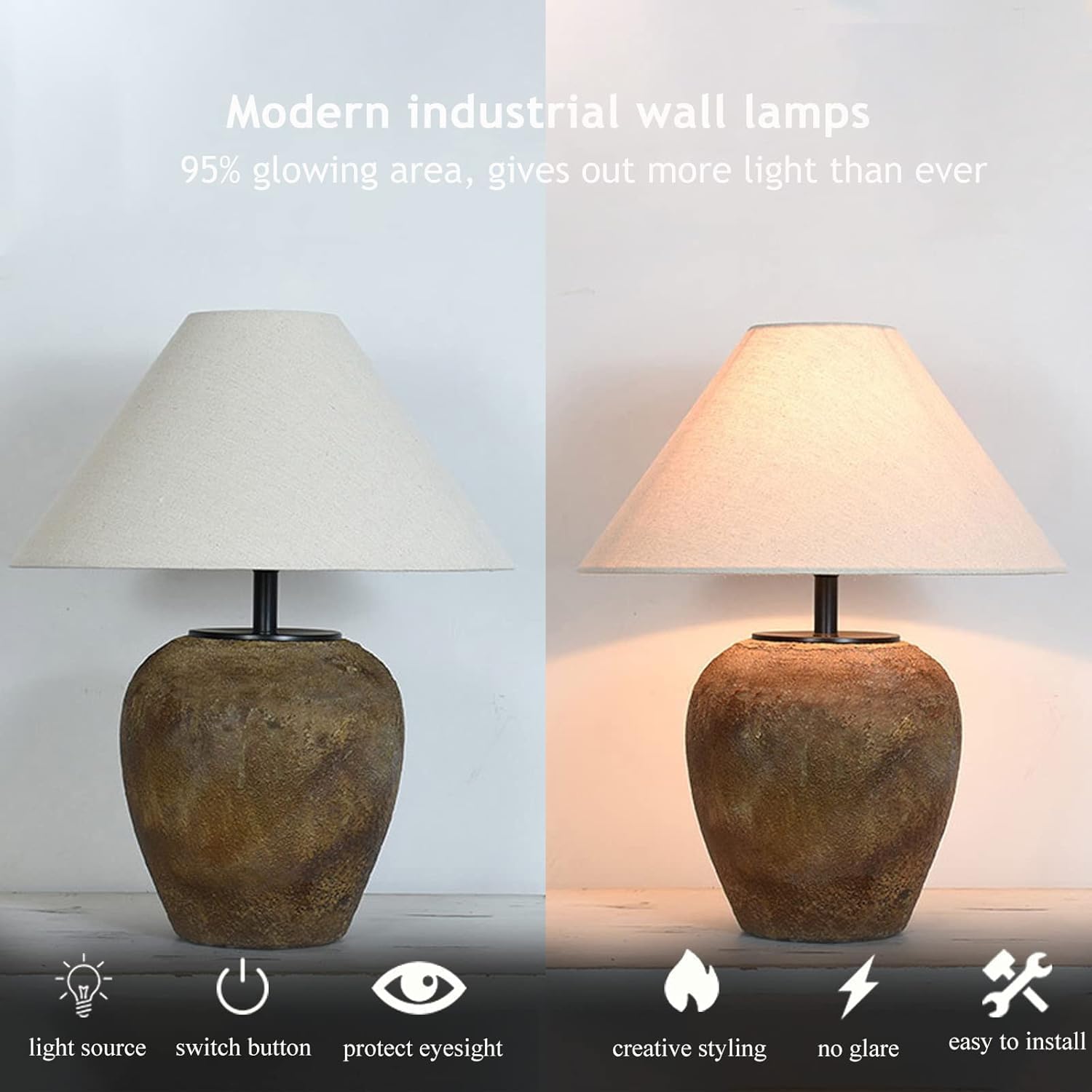 Rustic Farmhouse Clay Pot Table Lamps 19.6' Tall Ceramic Table Lamp, American Southwestern Textured Ceramic Lamp Body with White Textured Shade Bedside Table Lamp for Living Room Bedroom Office
