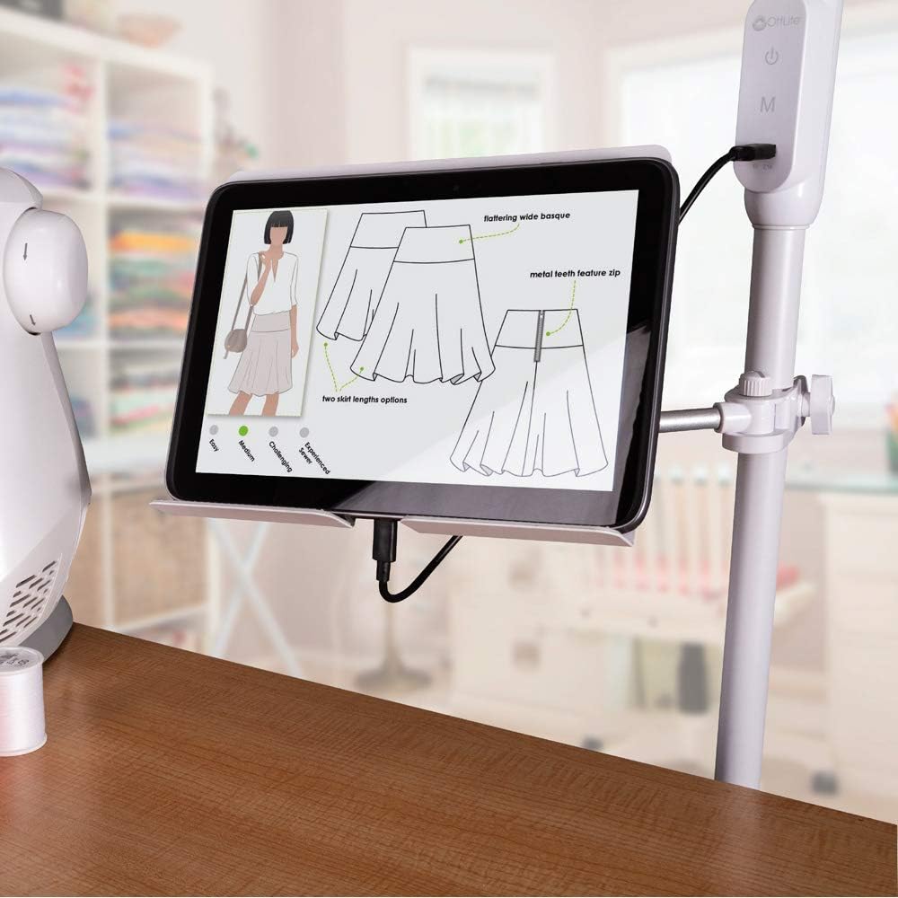 OttLite LED Floor Lamp with USB Port & Tablet Stand – Modern White Design, ClearSun LED Standing Light, USB Charger, Touch Activated Controls, for Crafting, Reading, Work