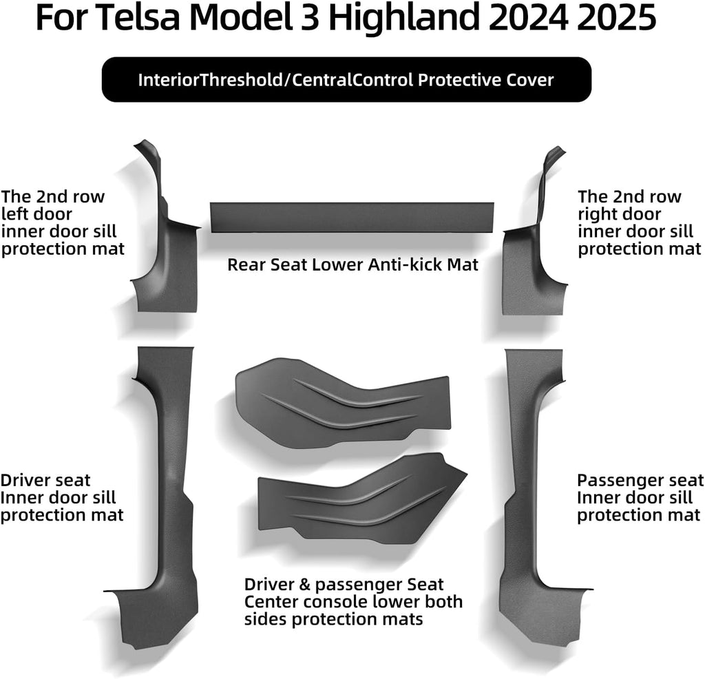 LUCKEASY 7PCS for Tesla Model 3 Highland 2026 2025 2024 Front Rear Door Threshold Strip Center Console Lower 2nd Row Seat Lower Protector Anti-dust Pads TPE for Tesla Model 3 Accessories Black