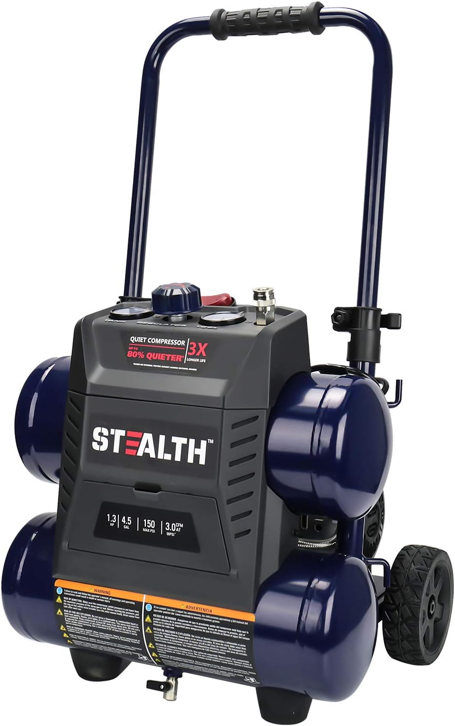 Stealth Quiet Air Compressor with Wheel, 64 Decibel 4.5 Gallon Peak 1.3 HP Max 150 PSI, Oil-Free Air Pump, 3 CFM @ 90 PSI Portable Air Compressor for Garage, Workshop, Jobsite SAQ-1413