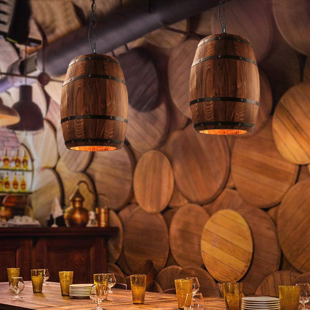 Antique Wood Wine Barrel Pendant Lamp Hanging Rustic Unique Kitchen Bar Ceiling Lamp Light Fixtures (M)