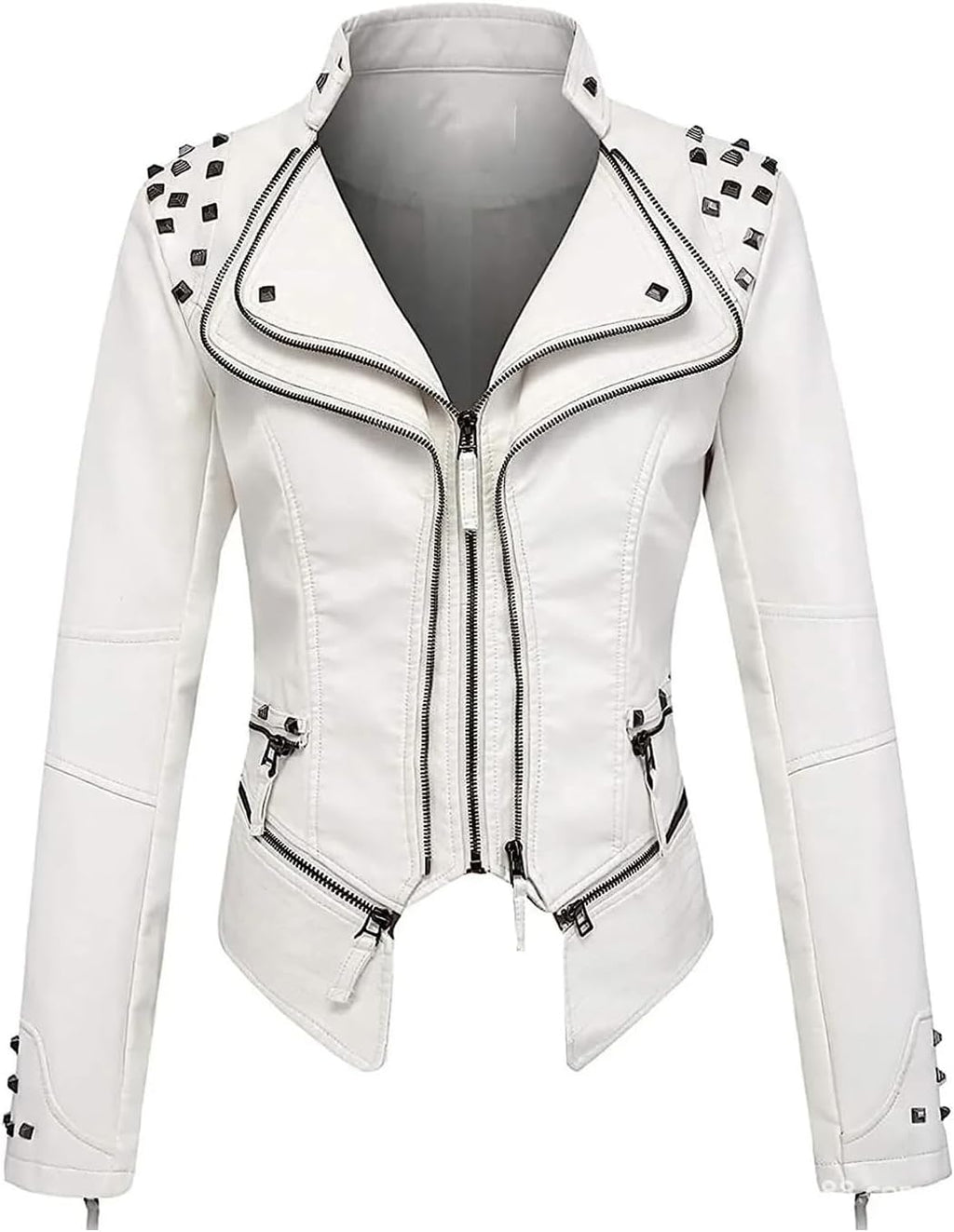 Women's PU Leather Jacket Rivet Decor Lapel Short Biker Coat Washed Casual Spring Autumn Fashion Outerwear