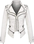 Women's PU Leather Jacket Rivet Decor Lapel Short Biker Coat Washed Casual Spring Autumn Fashion Outerwear