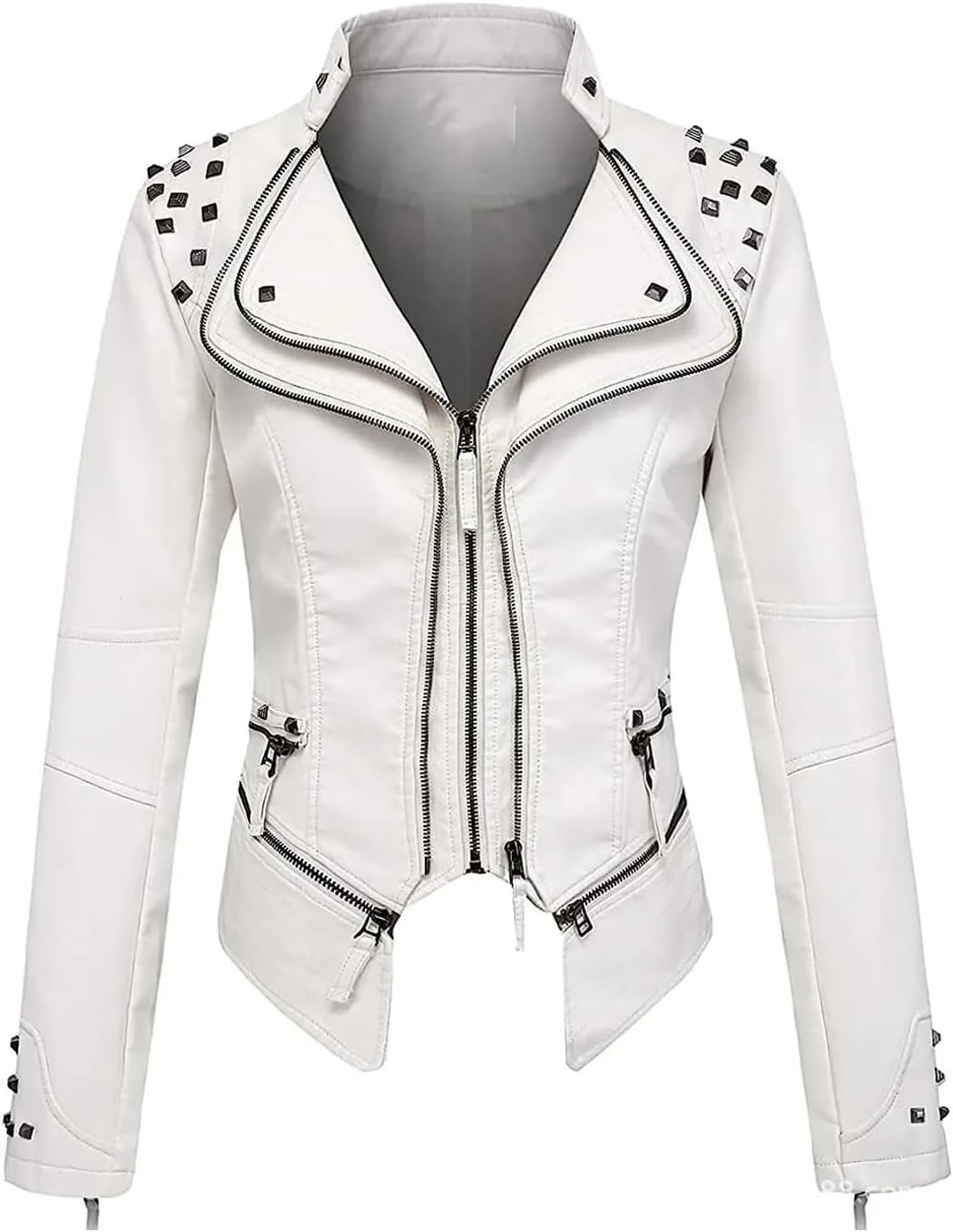 Women's PU Leather Jacket Rivet Decor Lapel Short Biker Coat Washed Casual Spring Autumn Fashion Outerwear