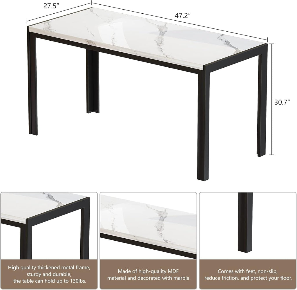 Dining Room Table Set with 2 Benches, Dining Table Set for 4-6, Dinner Table Set for 4, Faux Marble Breakfast Table Set & PU Leather Upholstered Benches for Small Spaces, Apartment, White