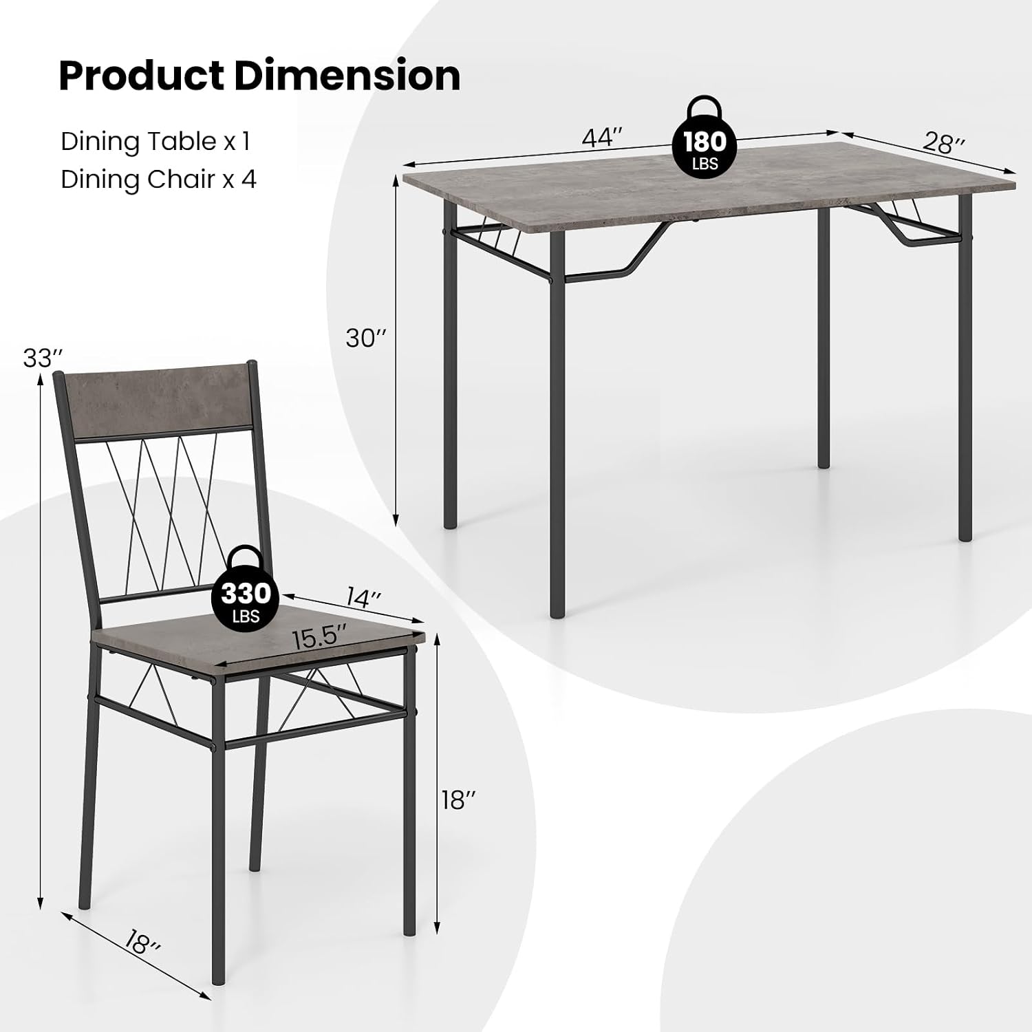 Giantex 5-Piece Breakfast Nook Set, 4 Dining Chairs, Metal Frame, Space-Saving Dinette Table Set for 4, Small Place, Kitchen Table Chairs Set of 4 (Cement Grey)