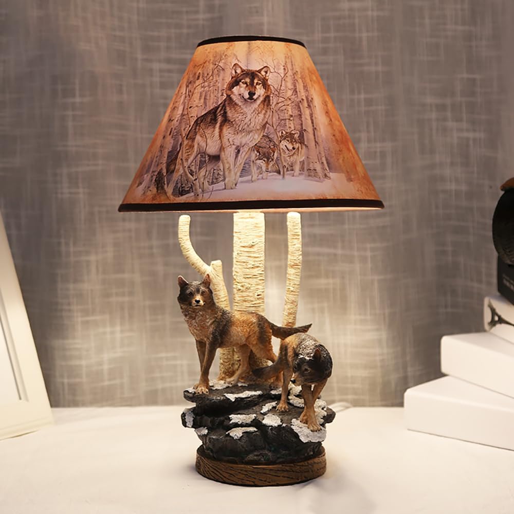 Meefad Wolf Table Lamp, Rustic Bedside Lamp with Resin Base, Retro Night Light, Accent Lamp for Bedroom Reading Nightstand