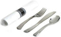 200 Elegant Pre Wrap Disposable Plastic Silverware Sets Silver Spoon Fork Knife White Linen-Quality Paper Napkin Roll Cutlery Sets Great Pre Rolled Cutlery in Linen-Feel White Napkins