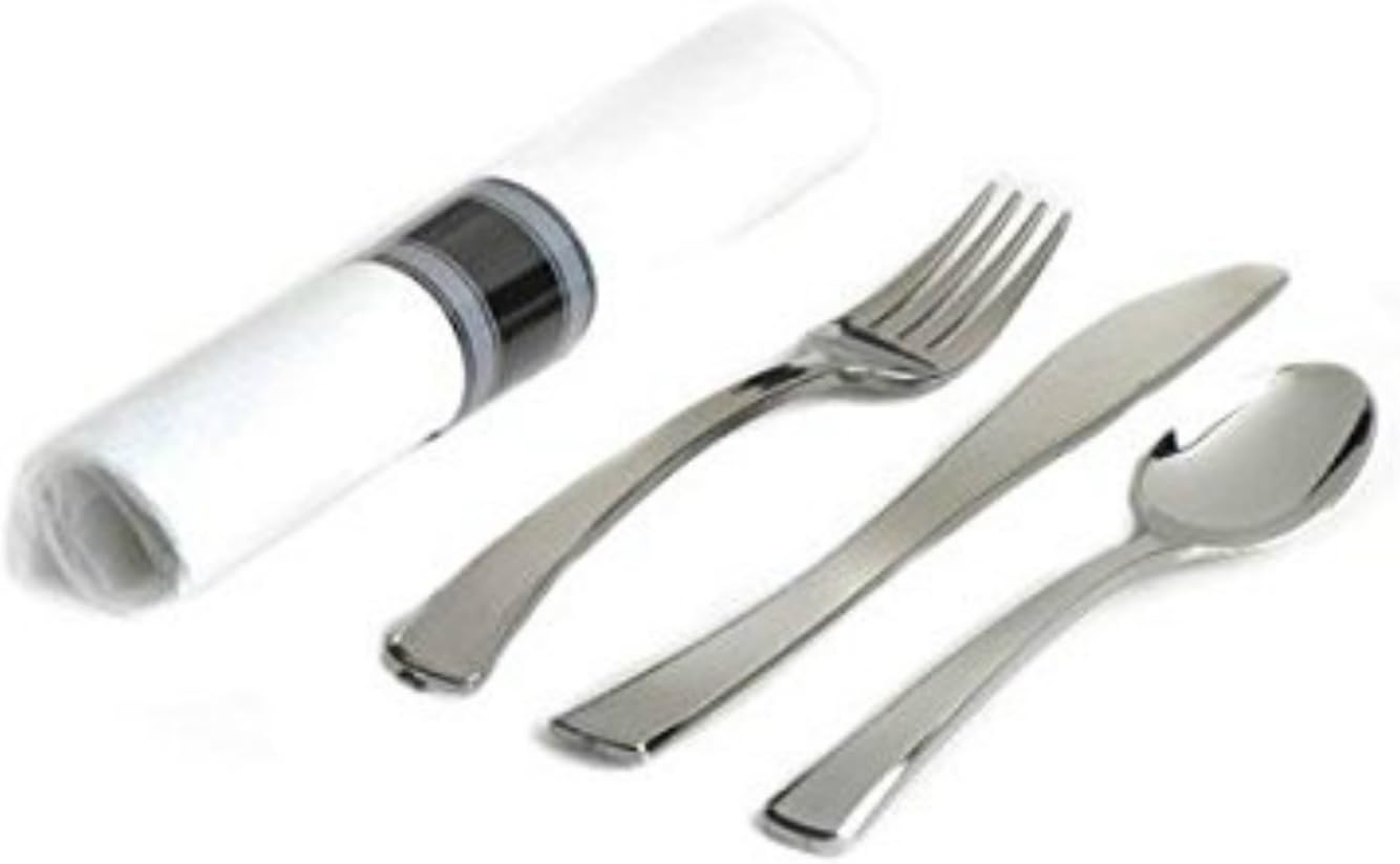 200 Elegant Pre Wrap Disposable Plastic Silverware Sets Silver Spoon Fork Knife White Linen-Quality Paper Napkin Roll Cutlery Sets Great Pre Rolled Cutlery in Linen-Feel White Napkins