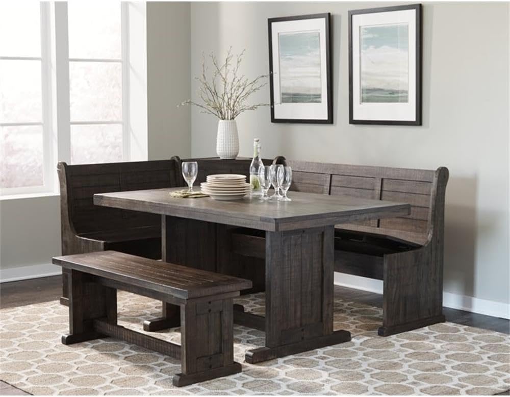 Pemberly Row 3-Piece Farmhouse Wood Breakfast Nook Set with Table, Hidden Storage, Planked Tops, Reversible Seating, in Tobacco Leaf Finish
