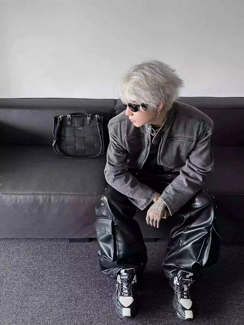 Spring Autumn Long Loose Casual Shiny Pu Leather Pants Men Rivet Wide Leg Trousers Punk Style Streetwear
