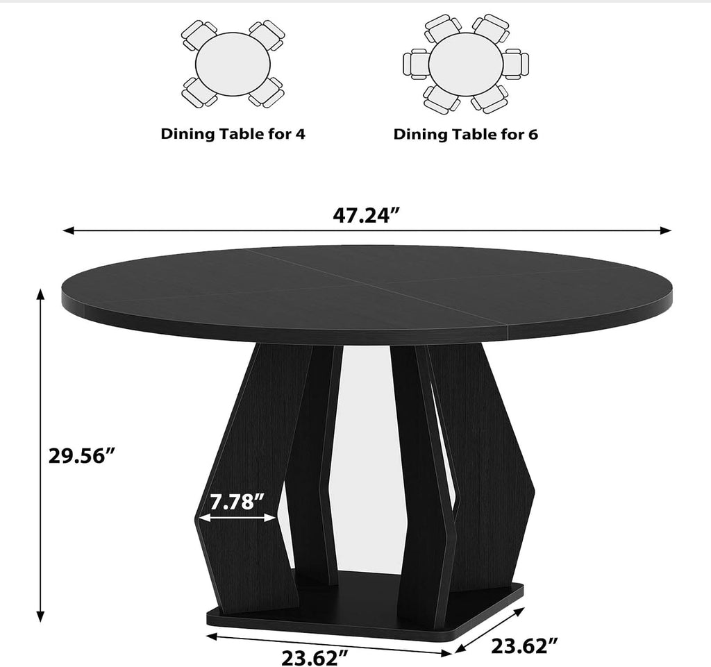 IBF Black Round Dining Table for 4-6, 47 Inch Kitchen Table with Spacious Tabletop Modern Circle Dining Table, Wood Dinner Table Pedestal Base for Dining Room, Kitchen,Living Room,Office