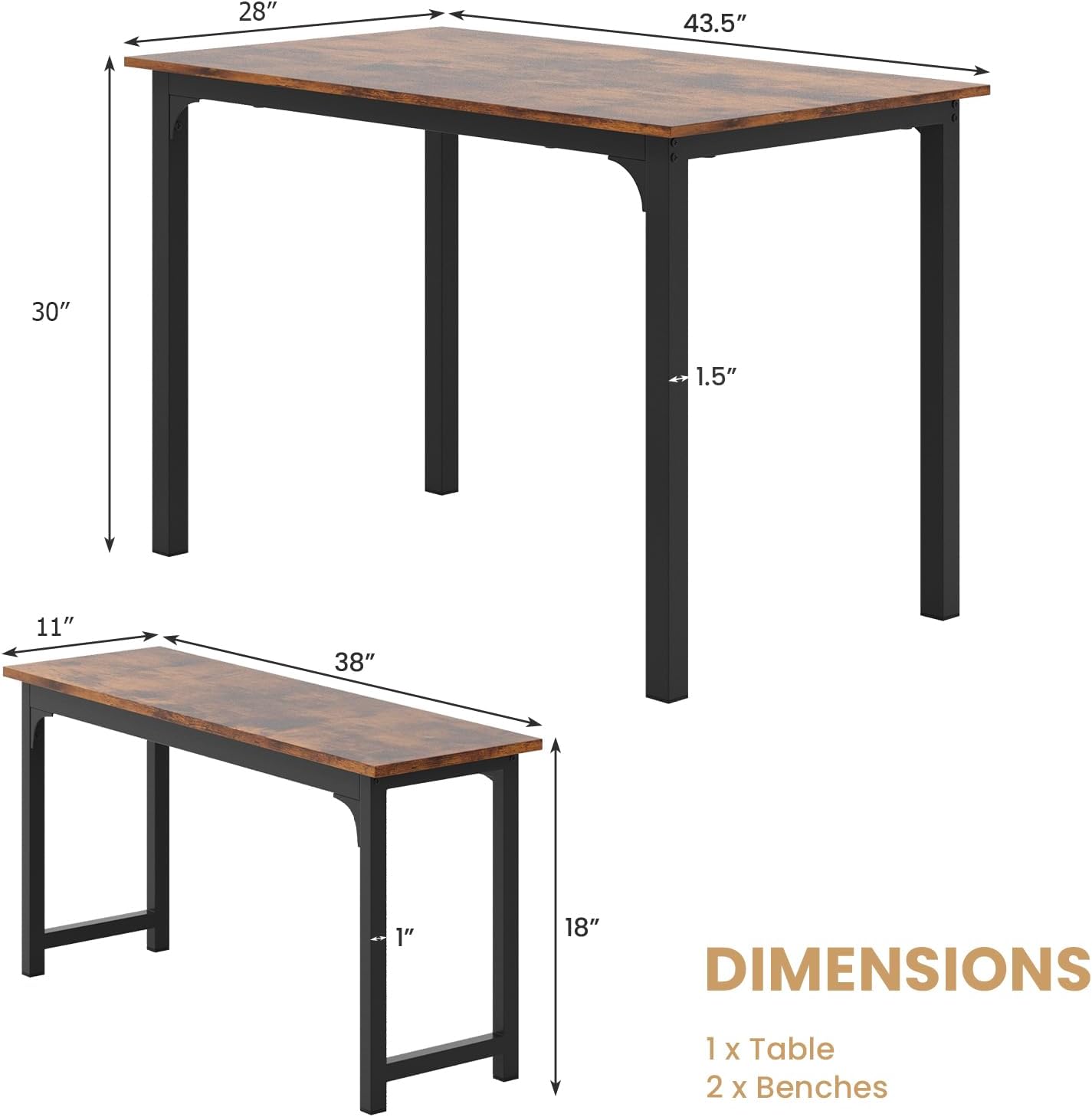 Tangkula 3-Piece Dining Table Set with Bench, Rectangular Kitchen Table with 2 Benches, Metal Frame, Space-Saving Furniture, Modern 4-Person Dinette for Kitchen, Dining Room (Rustic Brown)