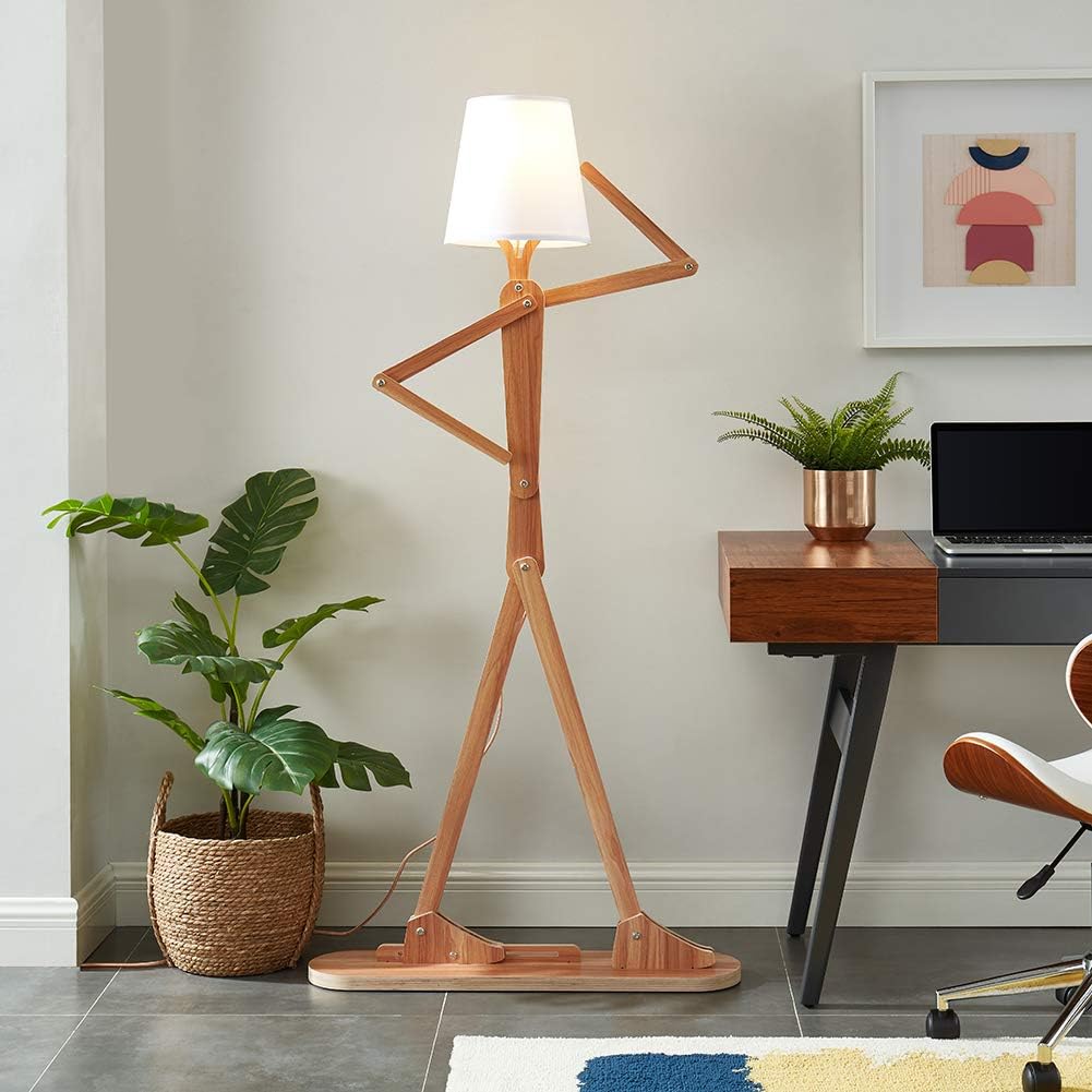 Cool Tall Wood Floor Lamp for Living Rooms Bedrooms - Office Corner Decorative Reading Standing Arc Light Creative Swing Arm Gift Ideas for Kids Boys Girls Bedside - LED Bulb Included (Ash)