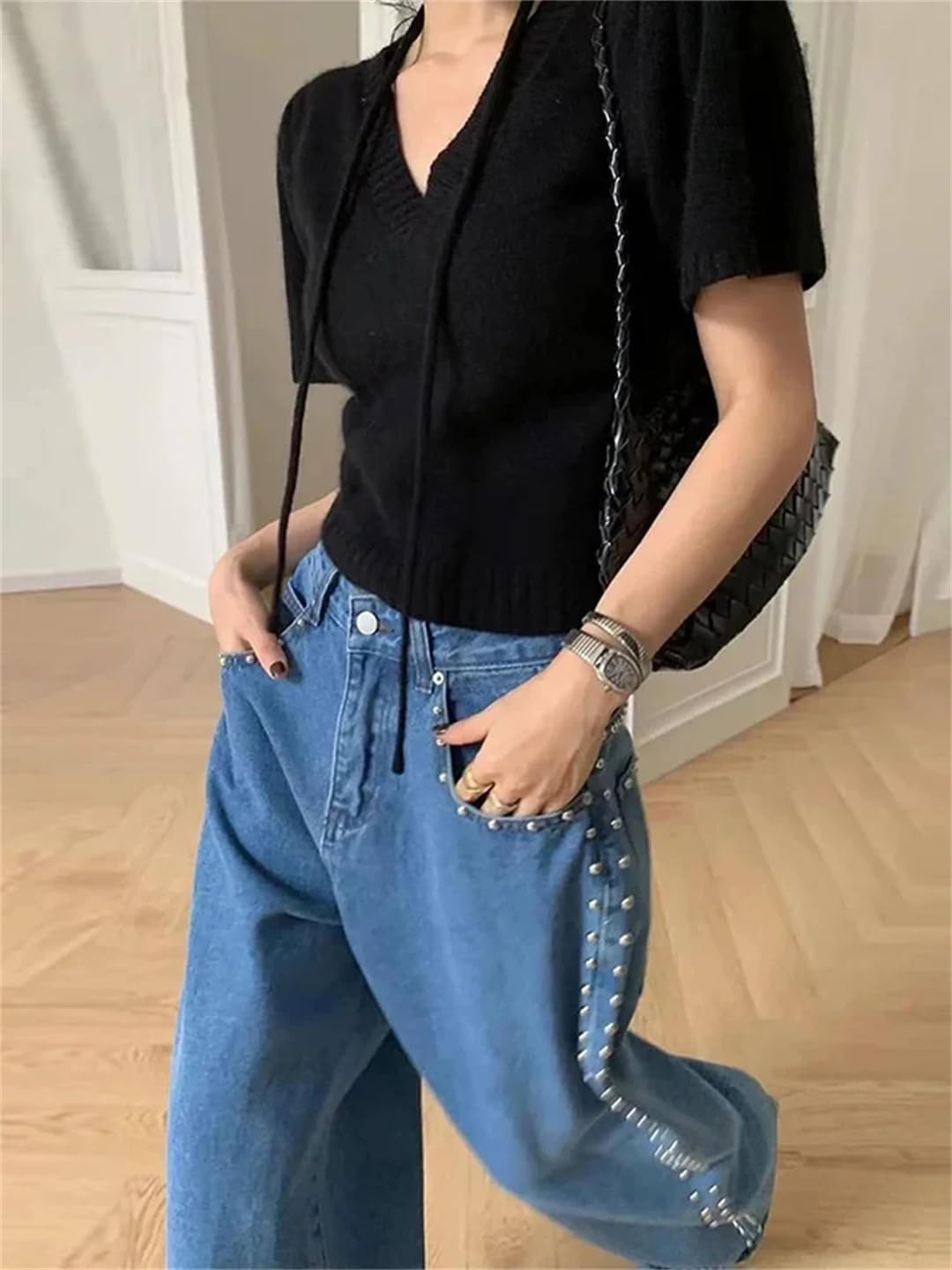 Women Vintage Washed Rivet Jeans Y2k High Waist Baggy Straight Casual Loose Jeans