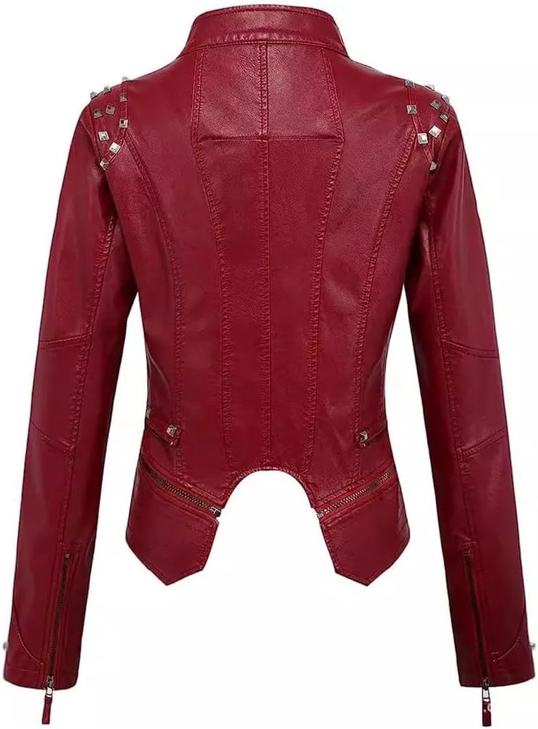 Women's Washed PU Leather Jacket With Lapel Rivets And Fitted Waist For Casual Autumn Fashion