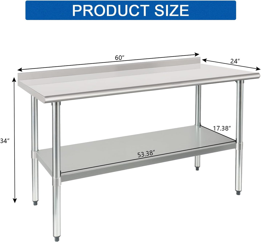 HARDURA Stainless Steel Prep & Work Table 30 x 60 Inches NSF Heavy Duty Commercial with Undershelf and Backsplash, Galvanized Legs for Commercial Food Prep