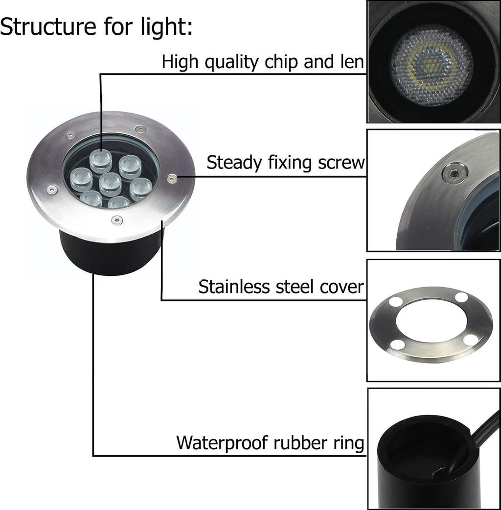Outdoor Landscape Lights 7W,High Voltage 110V 120V,Waterproof Underground Light,Warm White 3000K,LED Ground Well Lighting Wire for Garden,Path,Passage,Deck,Pack of 4