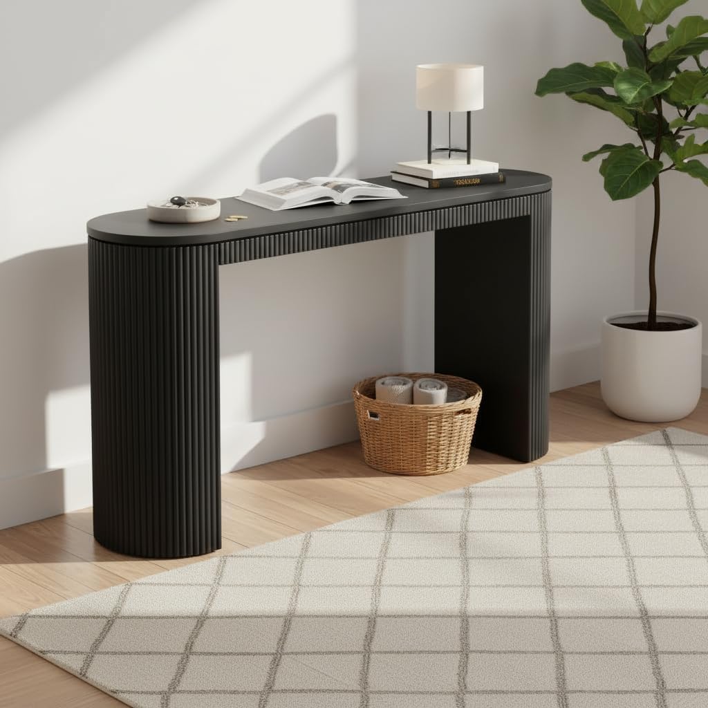 Modern Curved Console Table 59.2-Inch Fluted Entryway Sofa Table for Living Room Entrance Hallway Furniture, Black