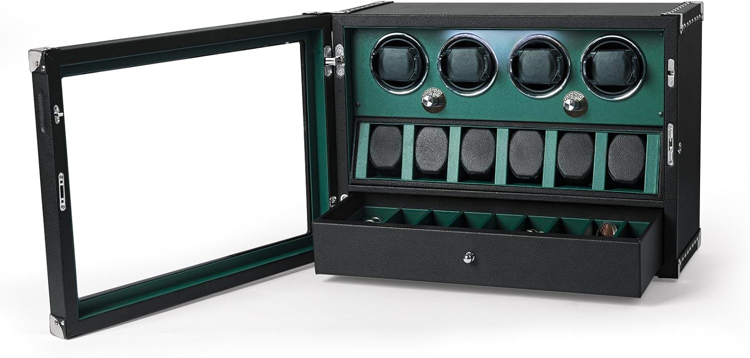DUKWIN Watch Winder for 4/6/8 Automatic Watches, Lockable Winders with Watch Holders and Jewelry Storage, Super Quiet Motor with High-Gloss Finish, Built-in Illumination