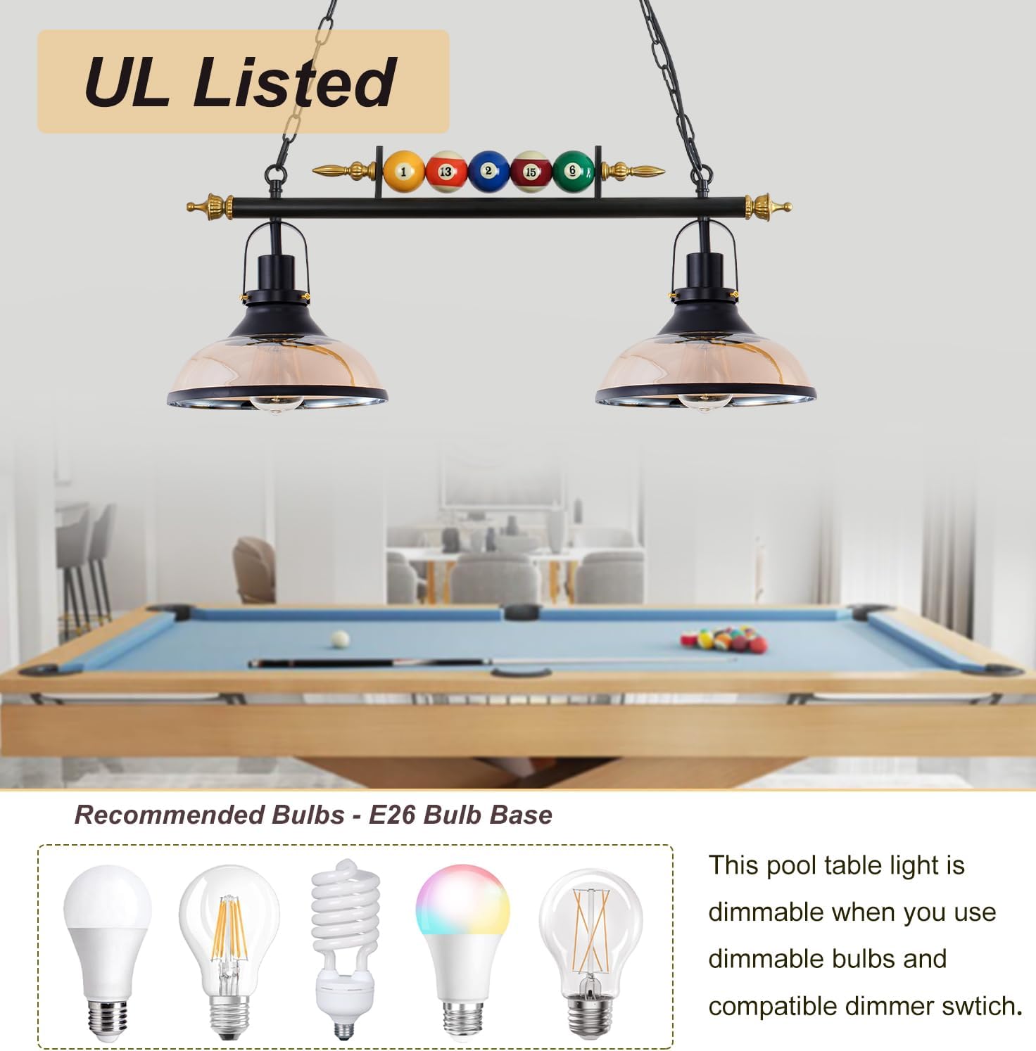 iMeshbean Pool Table Light, 2-Light Pool Table Lighting Fixtures Ceiling Lamp for Game Room Beer Bar Billiard Roon, Real Billiard Ball Design Billiard Pendant Lamp,2 Glass Shades