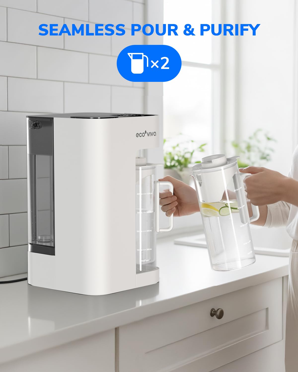 Ecoviva Mate 3 Countertop Reverse Osmosis Water Filter with 2 Auto-Fill Pitchers, 8-Stage RO Filtration System, Installation-Free, Reduces TDS, 3:1 Pure-to-Drain Ratio, Home & Kitchen, White