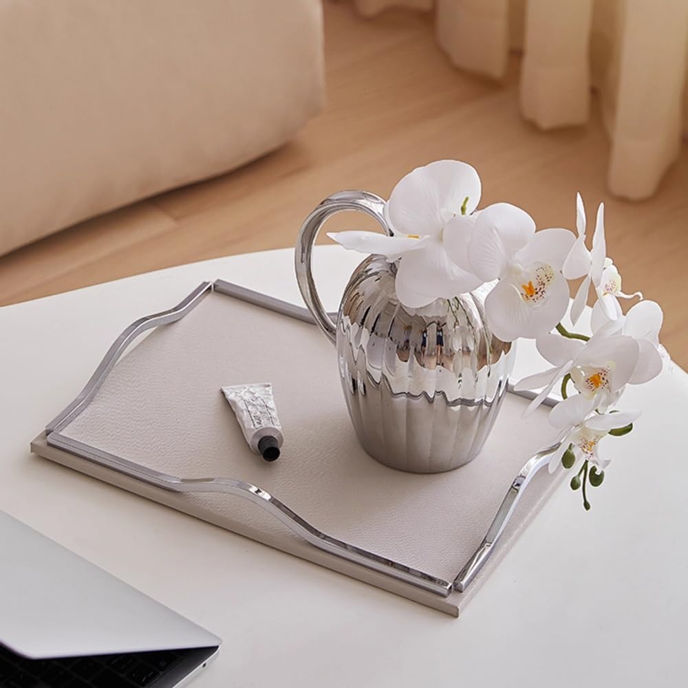 Decorative Serving Tray - Modern Rectangle Leather Tray with Metal Handles for Coffee Table, Living Room, and Kitchen