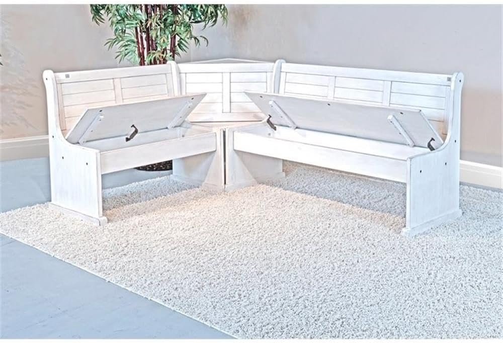 Pemberly Row 75' x 56' Farmhouse Wood Breakfast Nook Set with Table, Storage, Reversable Benche, L-Shaped Corner Bench, for Dining Room, in Marble White Finish
