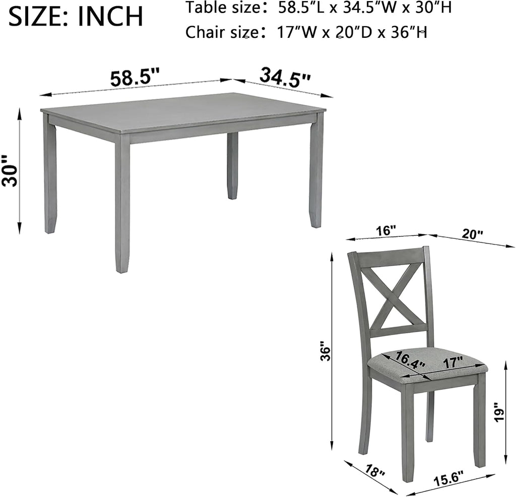 Harper & Bright Designs Modern 7-Piece Dining Set,58.5' Solid Wood Table & 6 Padded X-Back Style Chairs, Grey for Kitchen/Dining Room, 6-Person Seating