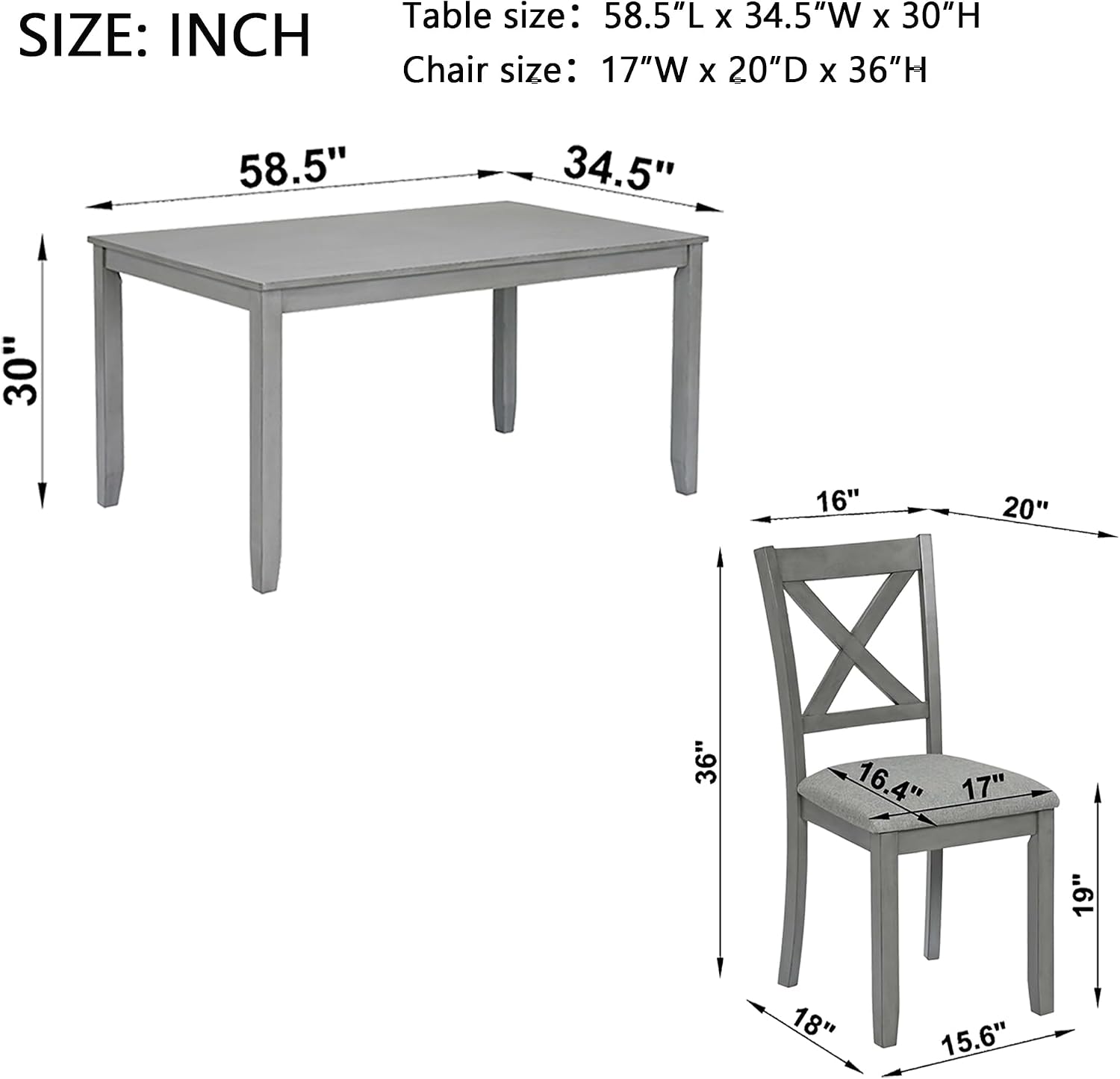 Harper & Bright Designs Modern 7-Piece Dining Set,58.5' Solid Wood Table & 6 Padded X-Back Style Chairs, Grey for Kitchen/Dining Room, 6-Person Seating