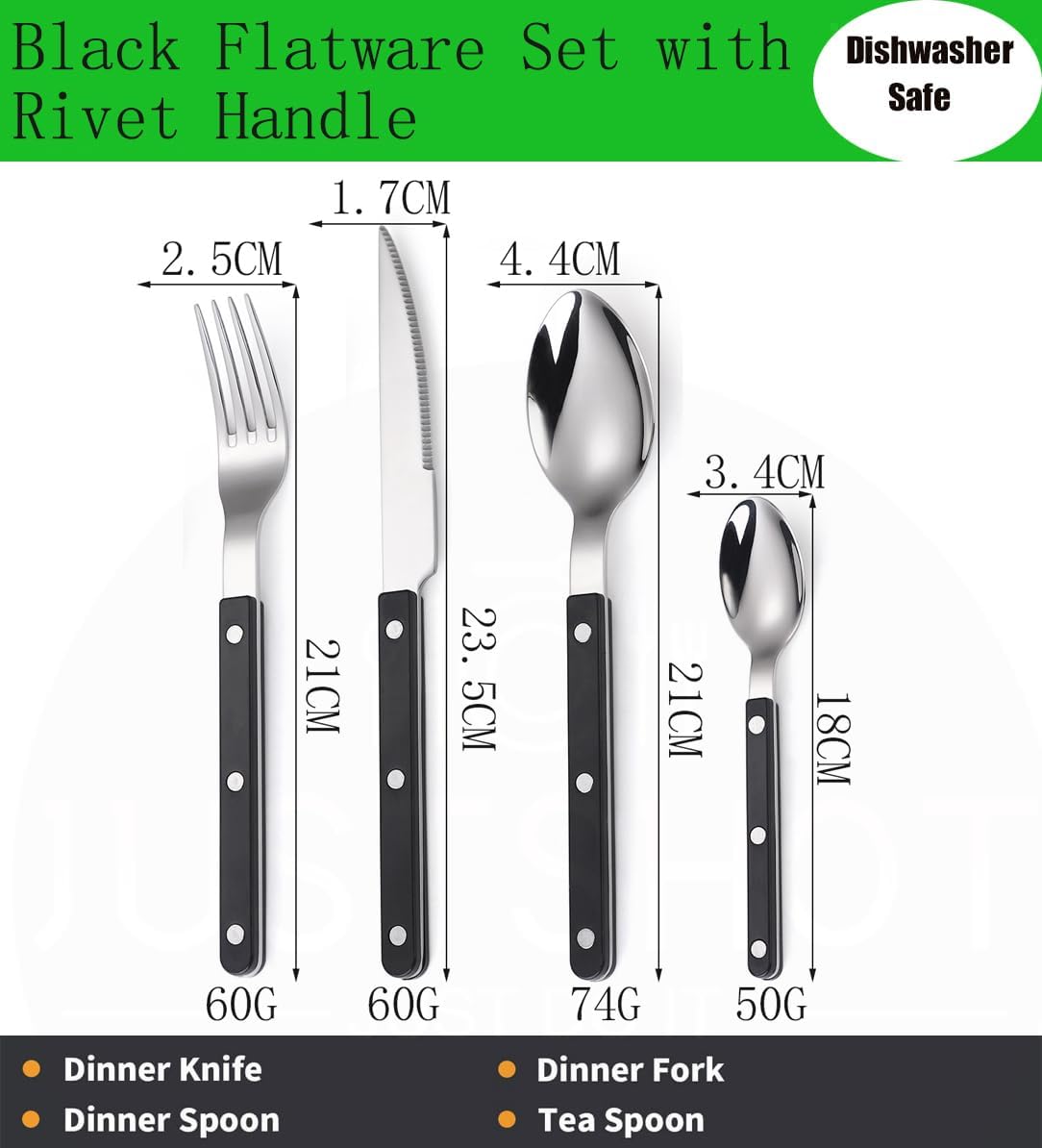 JUSTSHOT 24 Piece Rivet ABS Handle Flatware Set for 6,1810 Stainless Steel Black Handle Silverware Set,Rivet Handle Cutlery Flatware Set,Mirror Polished,Dishwasher Safe