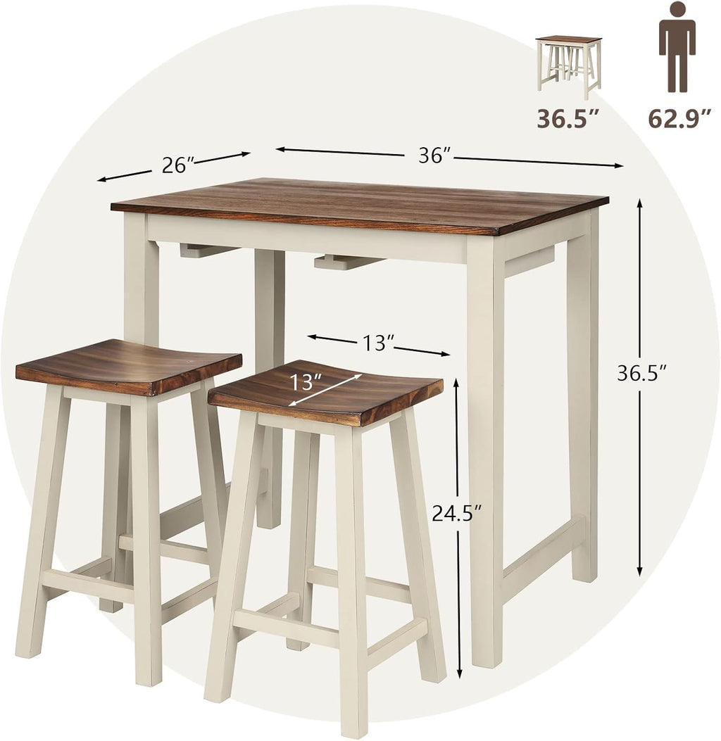 COSTWAY 3 Pieces Dining Set, Counter Height Pub Table Set with 2 Saddle Stools, Industrial Wood Breakfast Table Set for Bar, Kitchen, Living Room, Restaurant