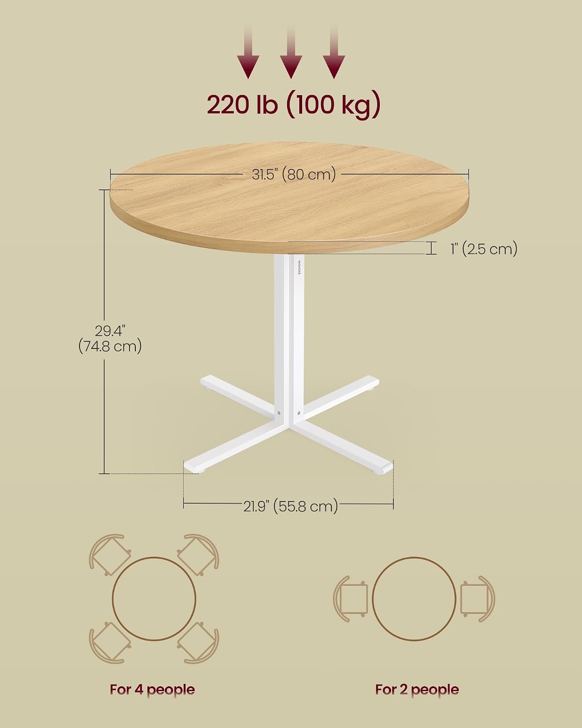 VASAGLE Dining Table, Small Round Kitchen Table for 4 People, 31.5 x 29.4 Inches, for Dining Room, Living Room, Farmhouse, Water-Resistant, Oka Beige UKDT082Y02
