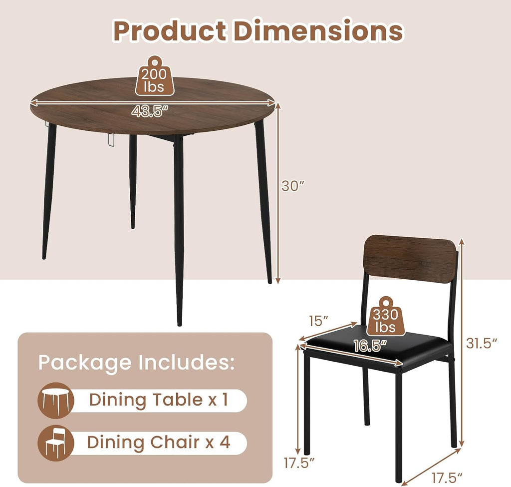 Giantex 5-Piece Dining Table Set for 4, 43.5' Round Kitchen Table and 4 Upholstered Dining Chairs with Drop Leaf Tabletop, Sturdy Metal Frame, Space Saving Farmhouse Dinette Set for Dinette Dinner