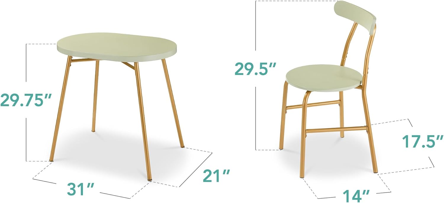 Best Choice Products 3-Piece Oval Dining Table Set, Modern Small Kitchen Dinette w/ 2 Chairs, Metal Frame, Curved Backrests - Sage Green/Gold