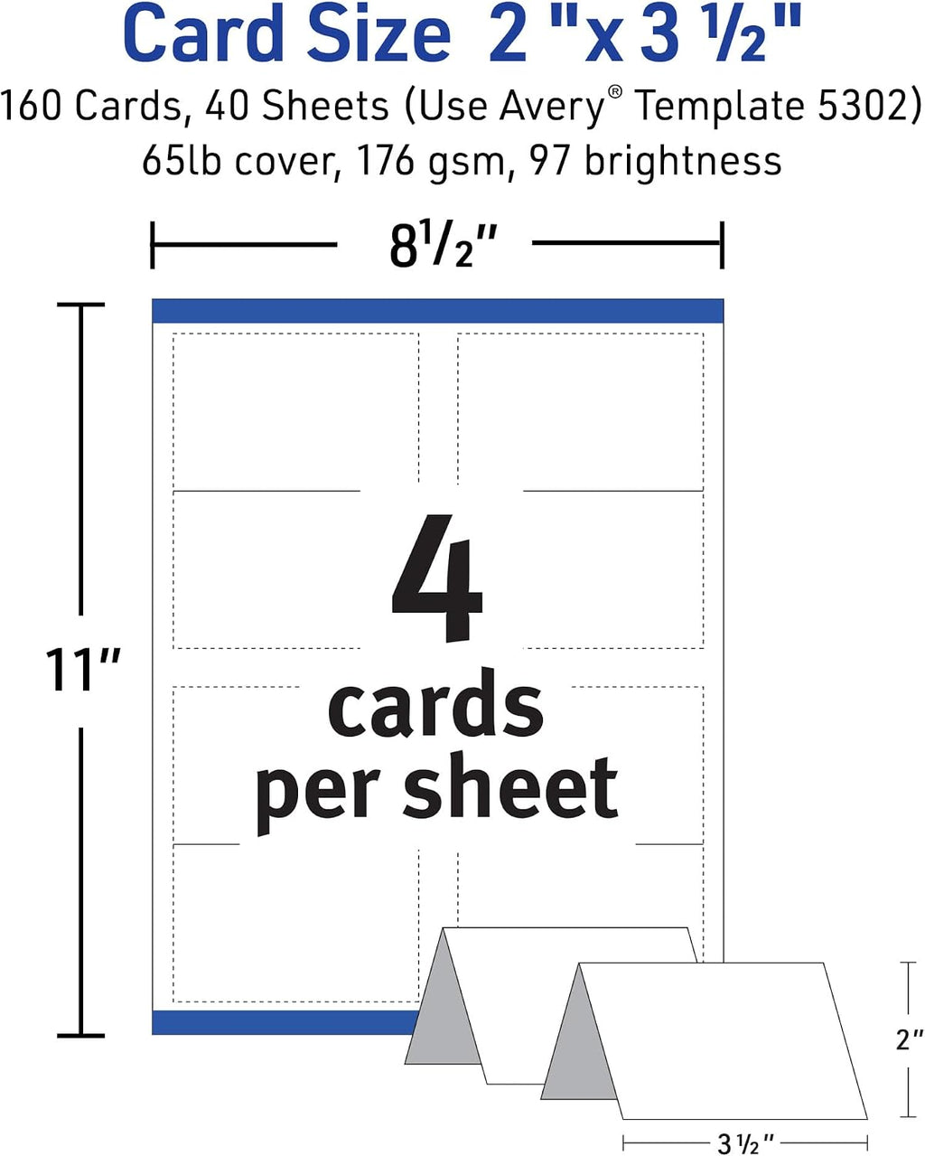 Avery Printable Tent Cards with Sure Feed Technology,2' x 3.5',White,160 Blank Place Cards for Laser or Inkjet Printers (5302),(Pack of 5)