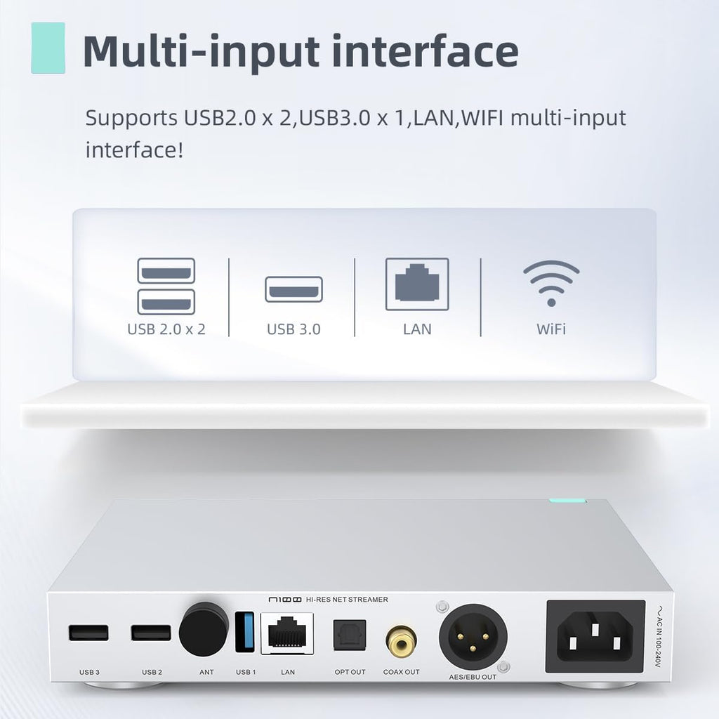 SMSL N100 Hi-Res Network Streamer New DAC chip Supports Connect VOLUMIO Tidal and QOBUZ Output Optical/Coaxial/AES/EBU/USB, Input USB2.0/USB3.0/ LAN/WiFi, Home Theater Audio Stereo System Streamer