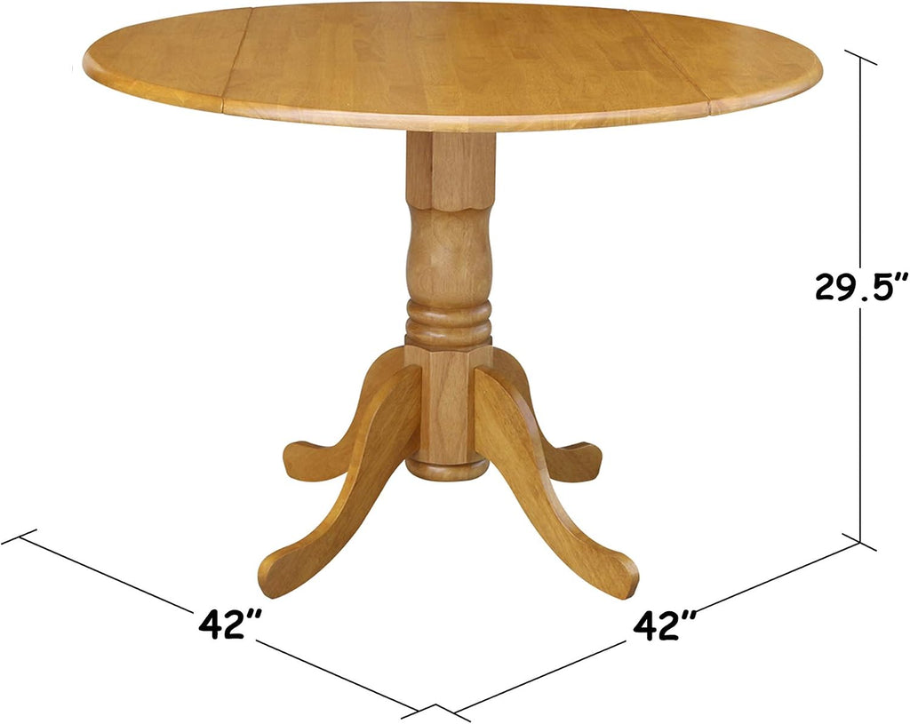 IC International Concepts, 42' Round Dual Drop Leaf Pedestal Dining Table, Solid Real Wood, Sturdy Parawood, Dimensions 42'D x 42'W x 29.5'H, 20mm thickness, 40lbs Weight Capacity, Oak