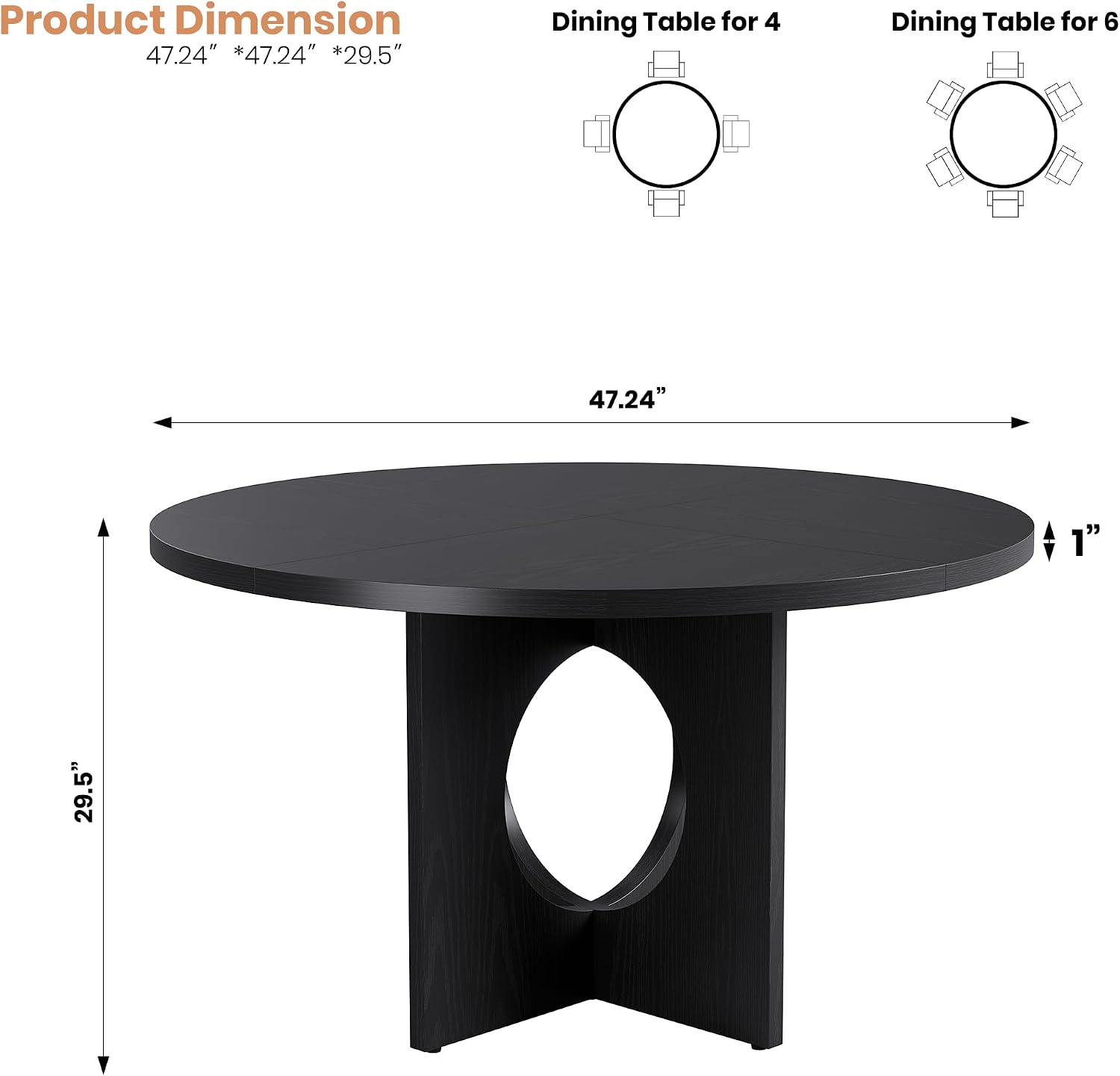 Garvee 47' Round Dining Table for 4-6 People - Circle Kitchen Dinner Table with Sturdy Pedestal Base, Space Saving Dinning Room Furniture for Living Room, Kitchen, Apartment, Black