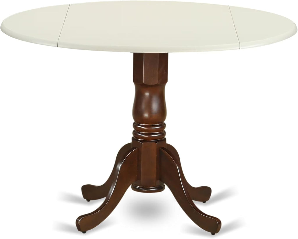 East West Furniture DLT-LMA-TP Dublin Modern Kitchen Table - a Round Dining Table Top with Dropleaf & Pedestal Base, 42x42 Inch, Linen White & Mahogany