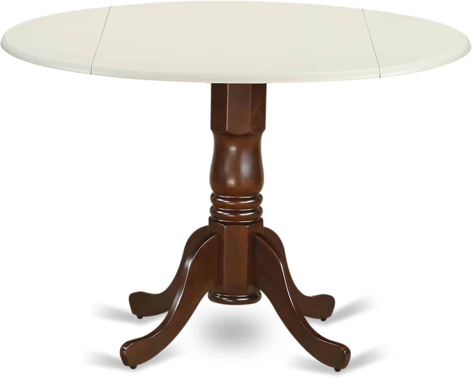 East West Furniture DLT-LMA-TP Dublin Modern Kitchen Table - a Round Dining Table Top with Dropleaf & Pedestal Base, 42x42 Inch, Linen White & Mahogany