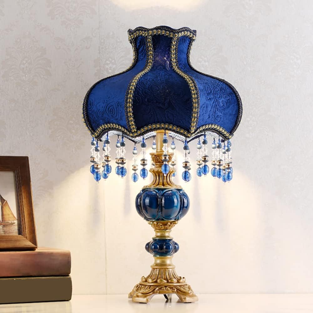 Meefad Victorian Table Lamp, Vintage Bedside Lamp with Beaded Fringe, Handpainted Resin Base, Elegant Night Light Accent Lamp for Bedroom Reading Nightstand (Dark Blue)